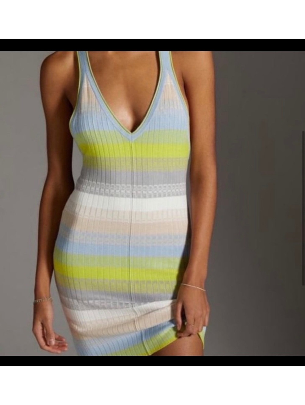 Free People Daily Practice Tuvalu Knit Racerback Tank Top Blue Gray White Yellow